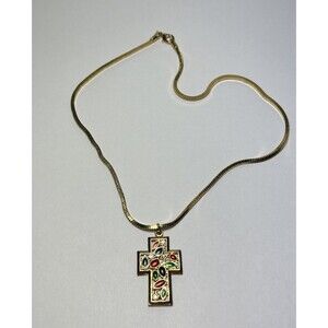 Vintage Multicolor Enamel Rhinestones Abstract Design Cross Pendant Necklace 18”